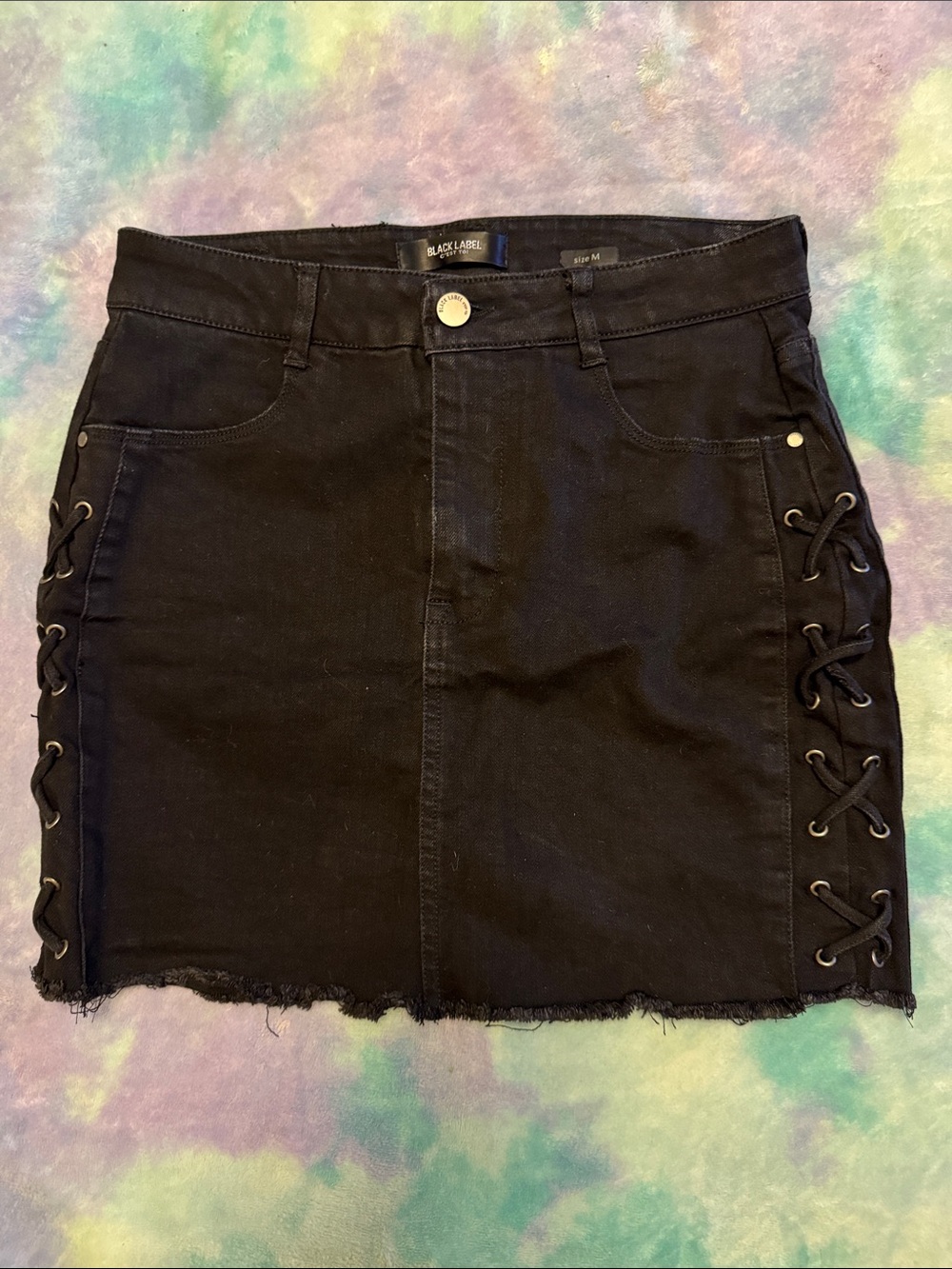 Black Label Black Denim Lace-Up Side Mini Skirt